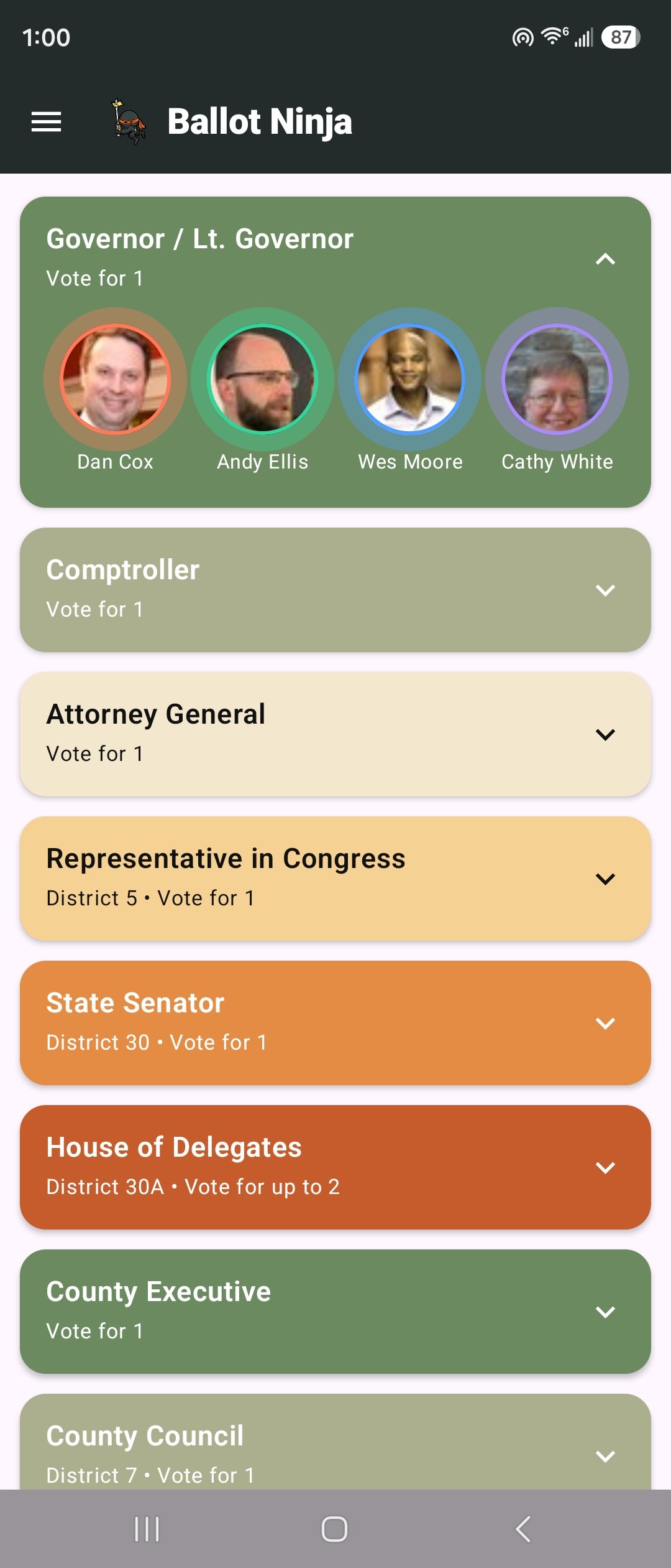 Ballot races list showing Governor, Comptroller, and other offices