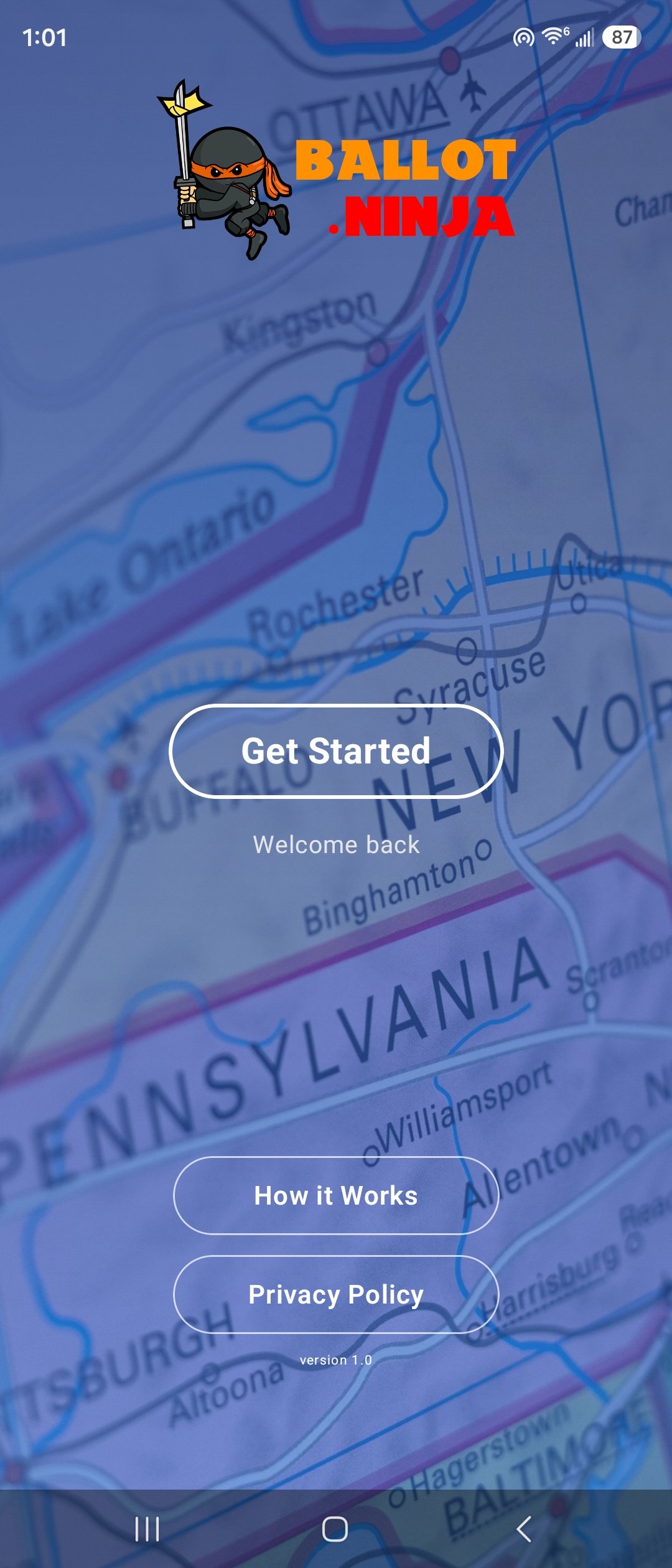 Ballot Ninja welcome screen with Get Started button