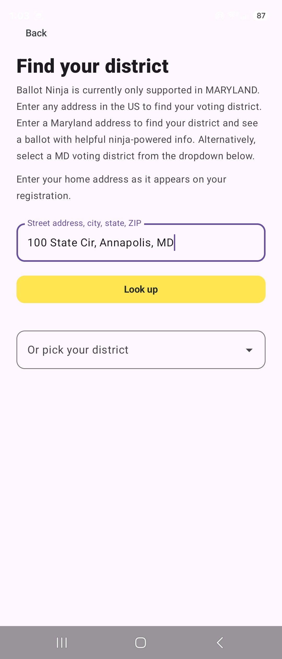 Find your district screen with address lookup
