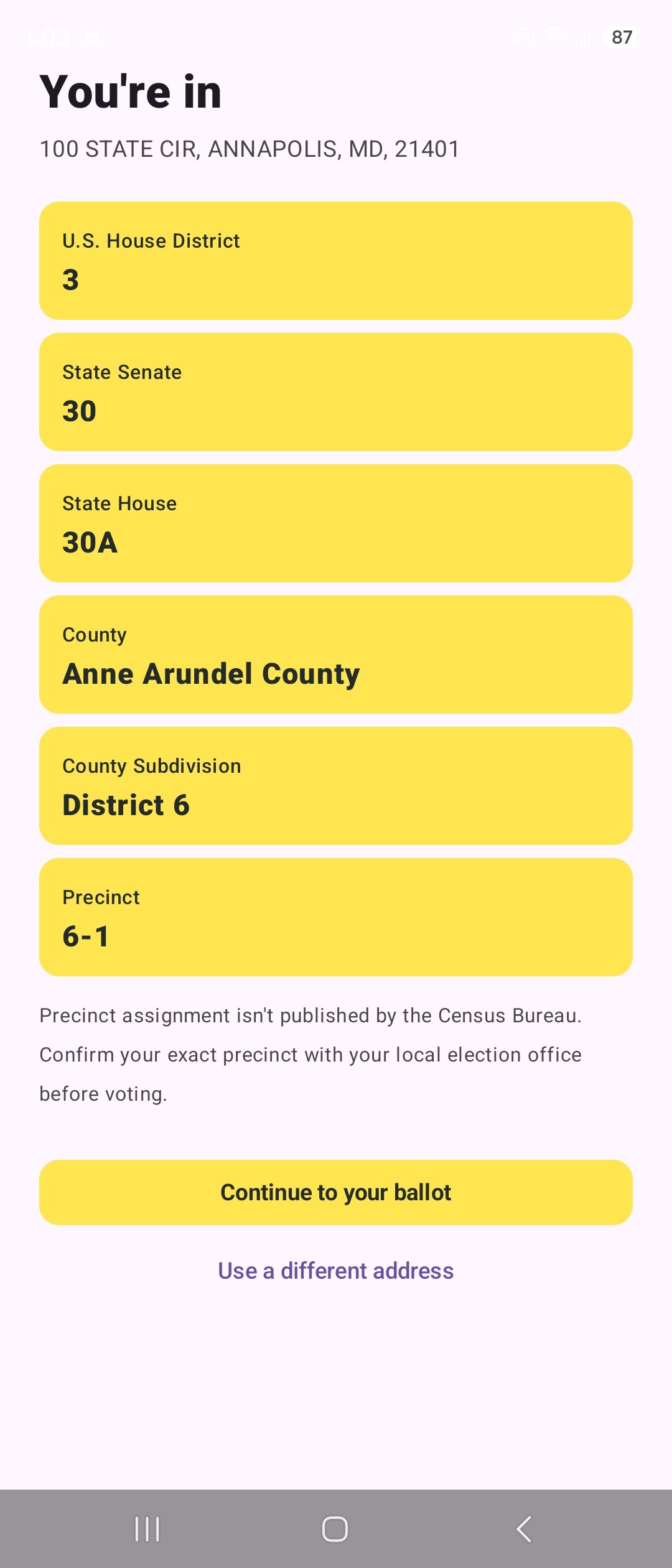 District results screen showing U.S. House, State Senate, and County districts